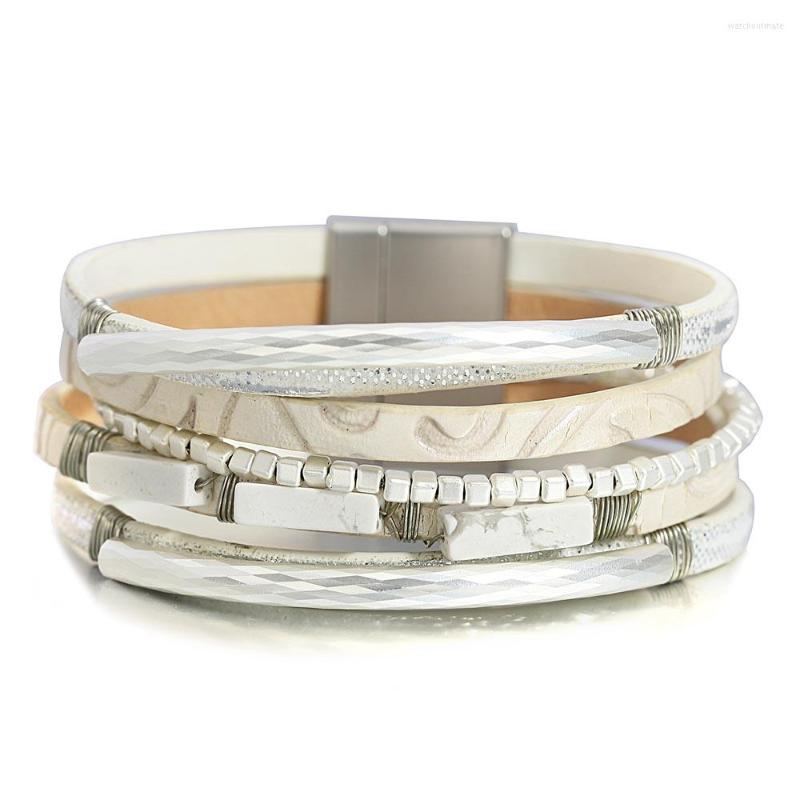 

Charm Bracelets ALLYES Vintage Geometric Metal Cube Leather Bracelet For Women Elegant Natural Stone Multilayer Wrap Jewelry