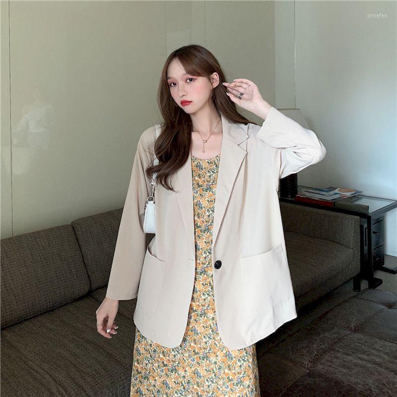 

Women's Suits Lnsozkdg Korean Women's Blazer Black Solid Casual Loose Wide Shoulder Oversize Office Lady Tops Woman Jacket Spring Summer, Beige