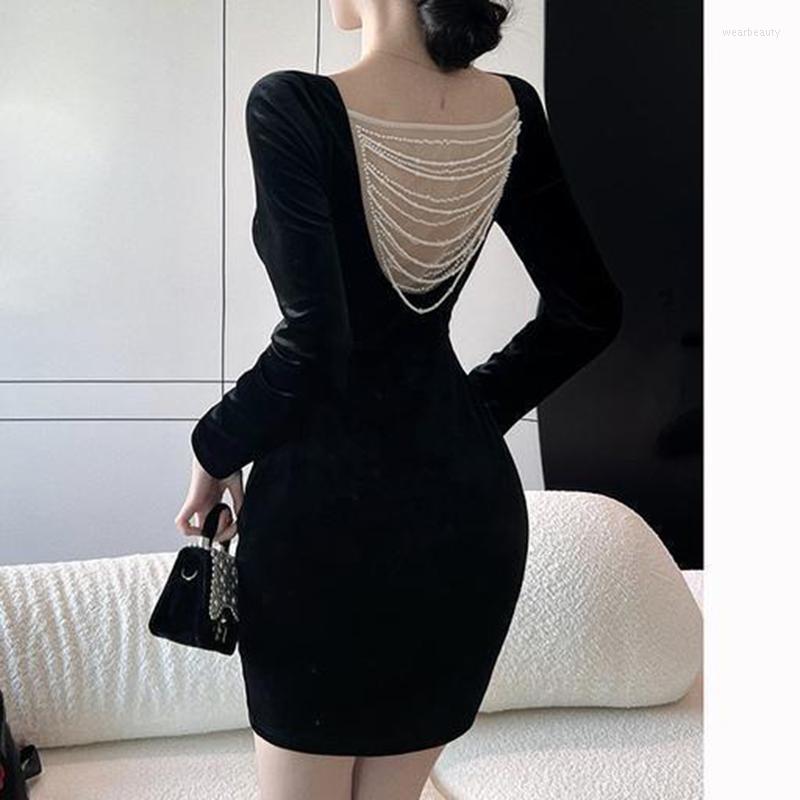 

Casual Dresses Dress 2023 Autumn And Winter Style Velvet Back Hollowed-out Slim-fitting Buttock Pencil Skirt For Women, Black