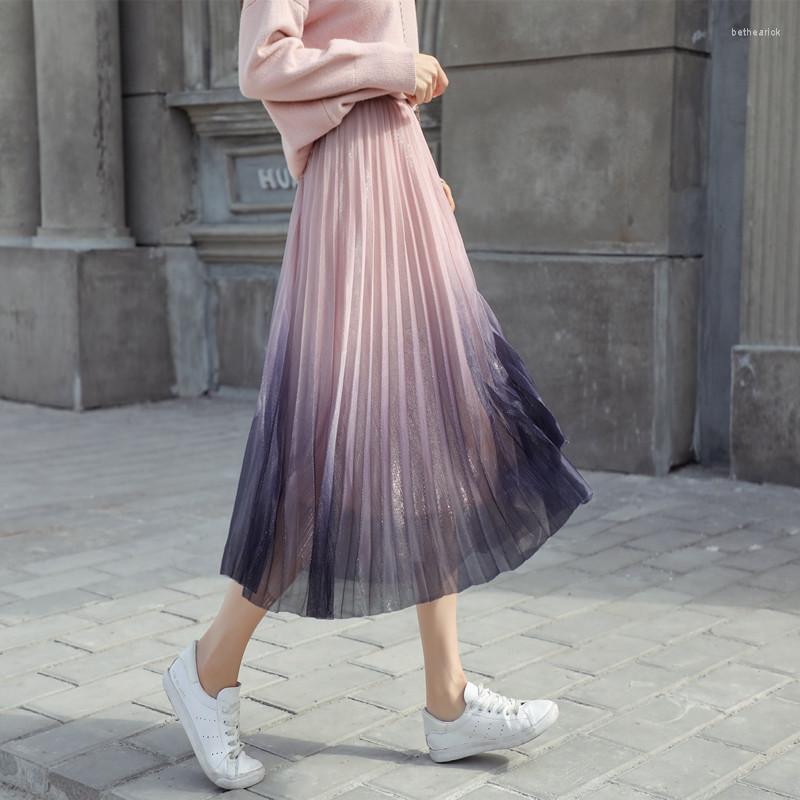 

Skirts Women Mesh Long Pleated Elastic High Waist Tulle Female Jupe Longue Gradient Color Tutu Skirt 2023 Spring, Gray