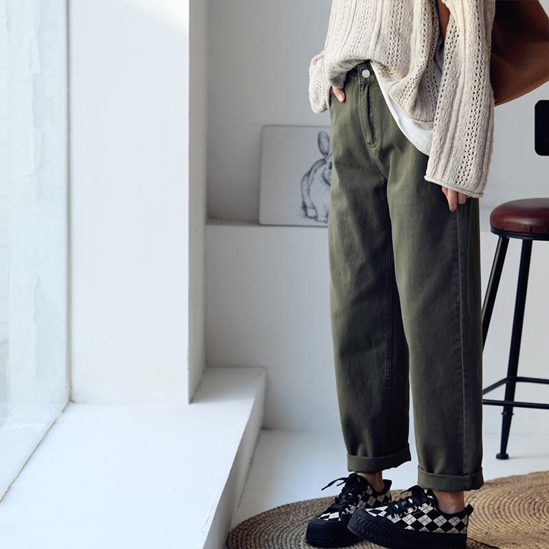 

Jeans MICOCO N1609C Literary and retro casual everything loose show thin high waist radish denim trousers female, Army green