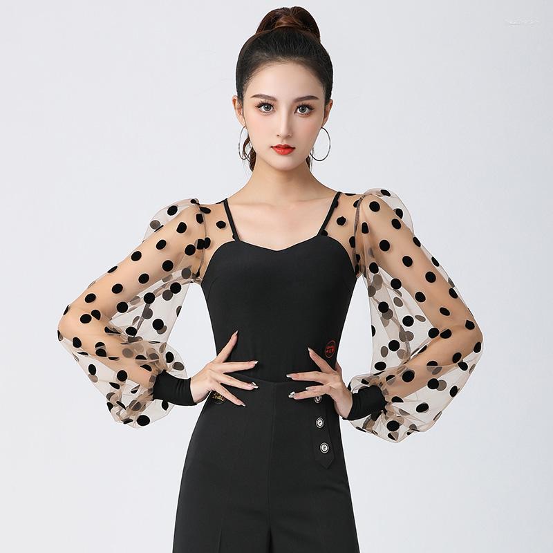 

Stage Wear Fashion Latin Dance Costumes Mesh Wave Point Tops Chacha Samba Tango Performance Practice Clothes DN11024, Only top