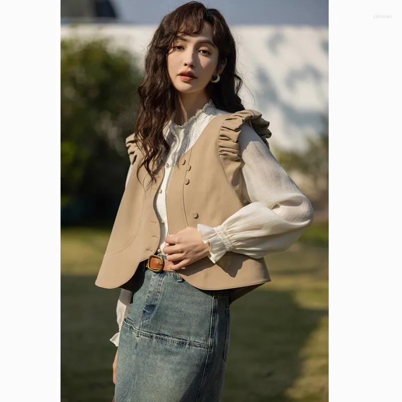 

Women' Vests Suit Vest Coat 2023 Summer Fashion Versatile V-Neck Sleeveless Ear Lace Short Style Waistcoat, Khaki