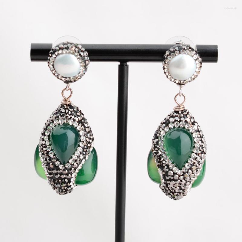 

Dangle Earrings White Pearl Stone Green Agate Earrings-CZ Stud