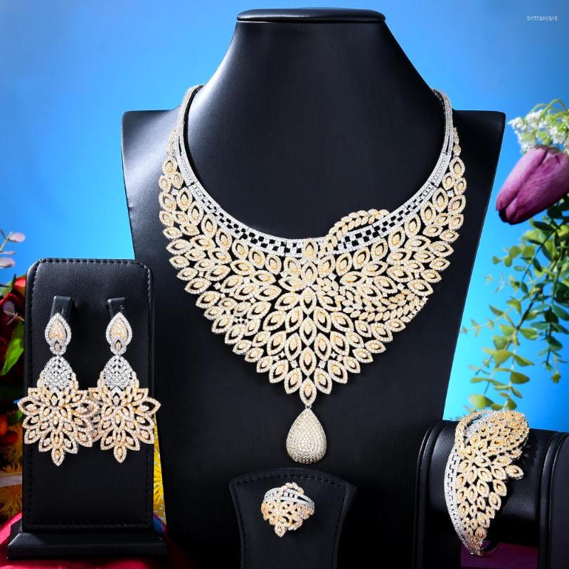 

Necklace Earrings Set Jimbora Luxury Nigerian Dubai Big 4PCS For Women Cubic Zircon Lady Wedding Bridal 2023, Picture shown