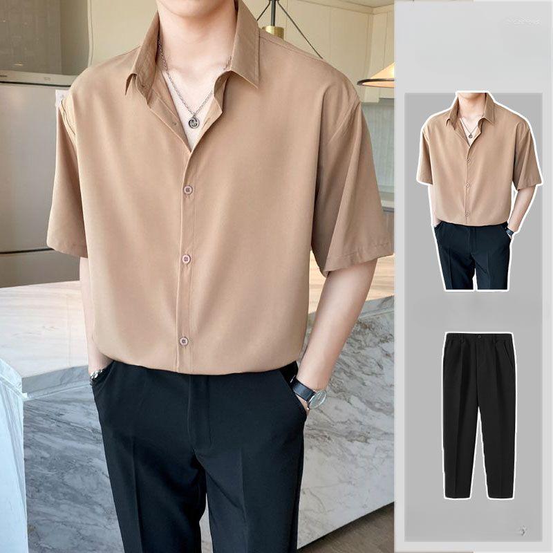 

Men's Tracksuits 2023 Fashion Men Sets Solid Color Lapel Short Sleeve Shirt And Straight Suit Pants 2PCS Tracksuit Korean Casual Suits BS140, Green t-pants
