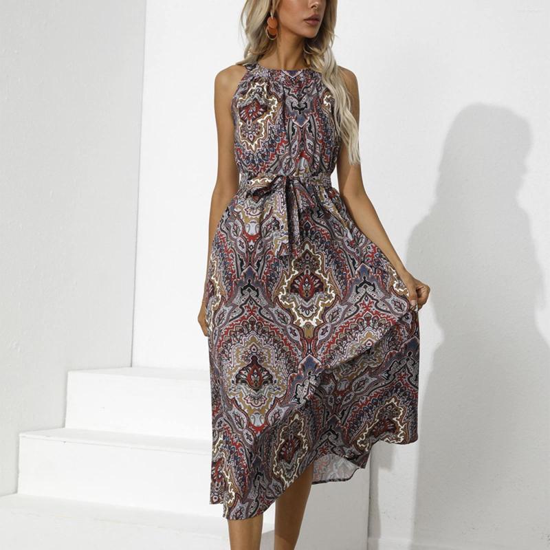 

Casual Dresses Tops Summer Sexy Outfits 2023 Plus Size Print Lace Up Waist Sleeveless Female Vintage Beach, Coffee