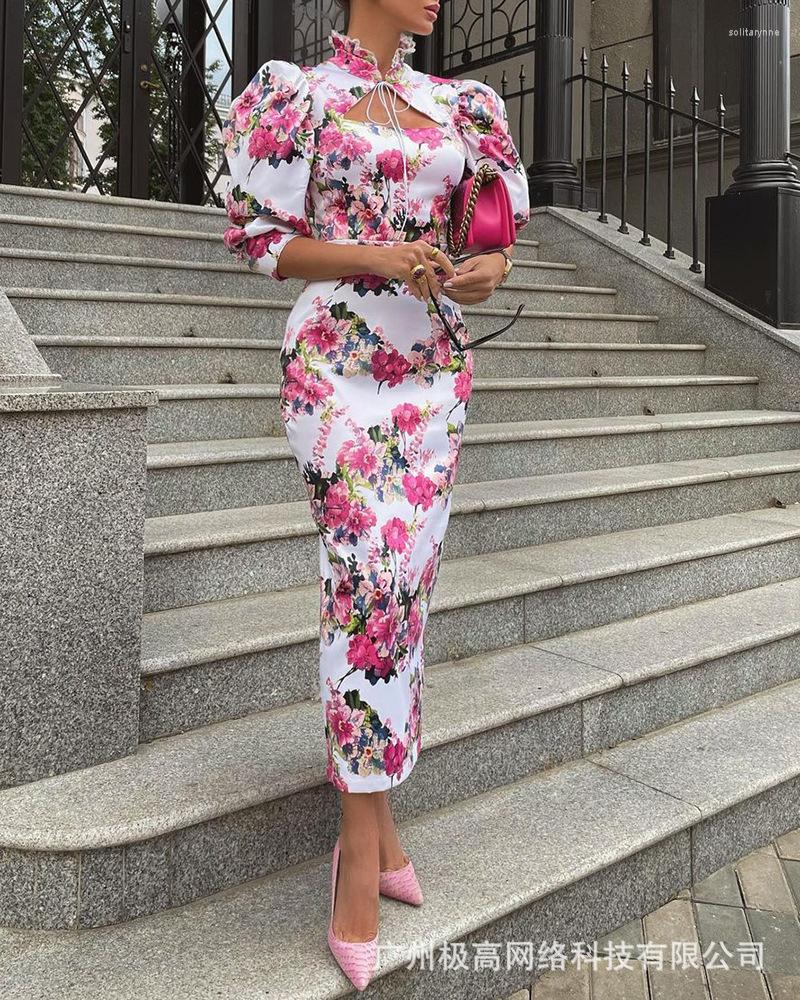 

Casual Dresses Women Long Dress Spring Summer Floral Flower Printed Hollow Out Ruffles Neck High Waist Sexy Ankle Length, Pink