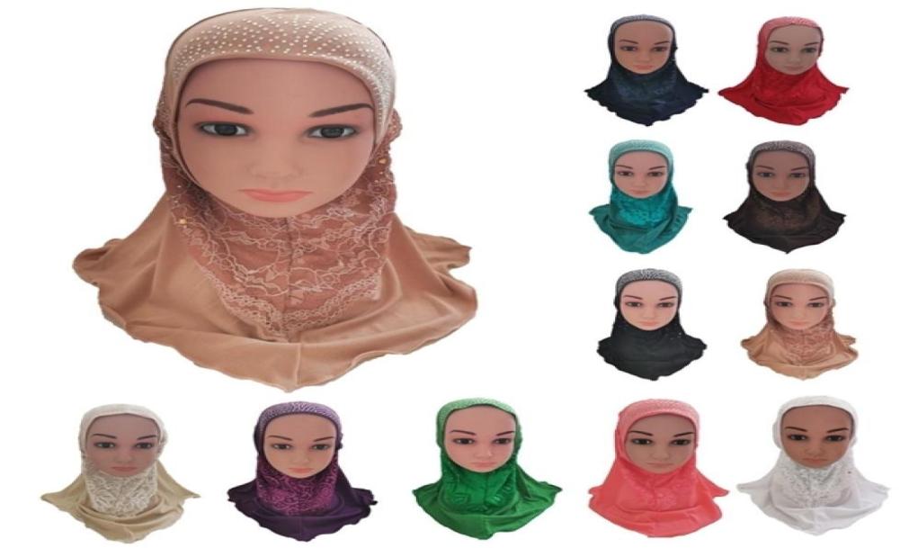 

Muslim Kids Girls Hijab One Piece Amira Hat Lace Rhinestone Hijabs Islamic Prayer Scarf Shawl Wrap Arab Headscarf Cover Caps New X5783810