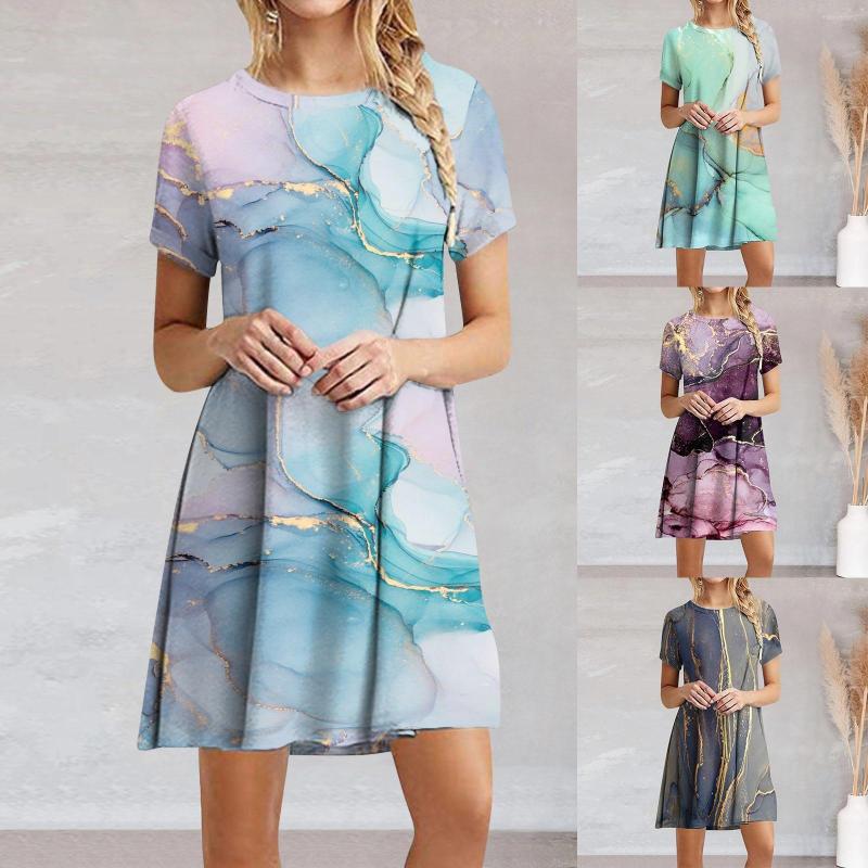 

Casual Dresses Women Summer Ruffle Short Sleeve Cute Crew Neck Flowy Dress, Blue