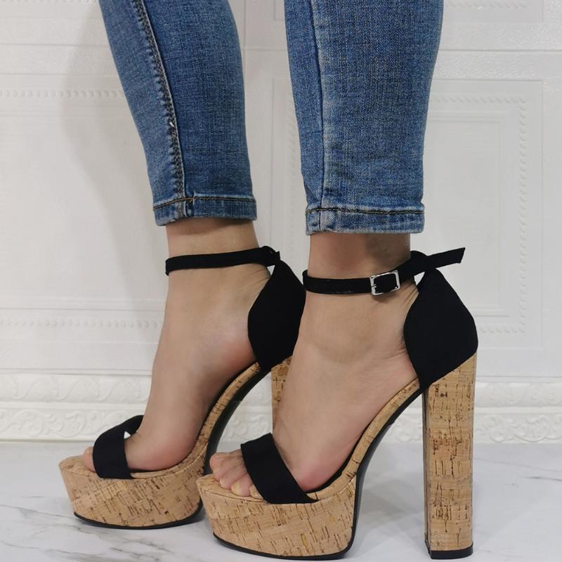 

Sandals 2023 Brand Large Size 47 Platform Sexy Ankle Strap Party Wedding Block Extreme High Heels Summer Women's Shoes, Black