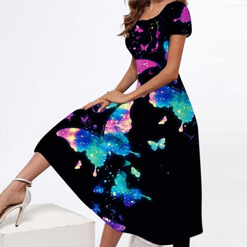 

Casual Dresses Party Color Pattern Printed Boho Beach Dress Women Summer Soft Short Sleeve Loose Elegant Crewneck, Black