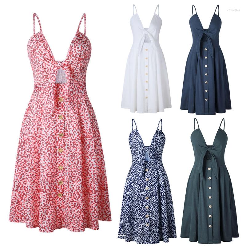 

Casual Dresses Womens Summer Tie Front V-Neck Strap Button Down A-Line Backless Dress 10CE, Black