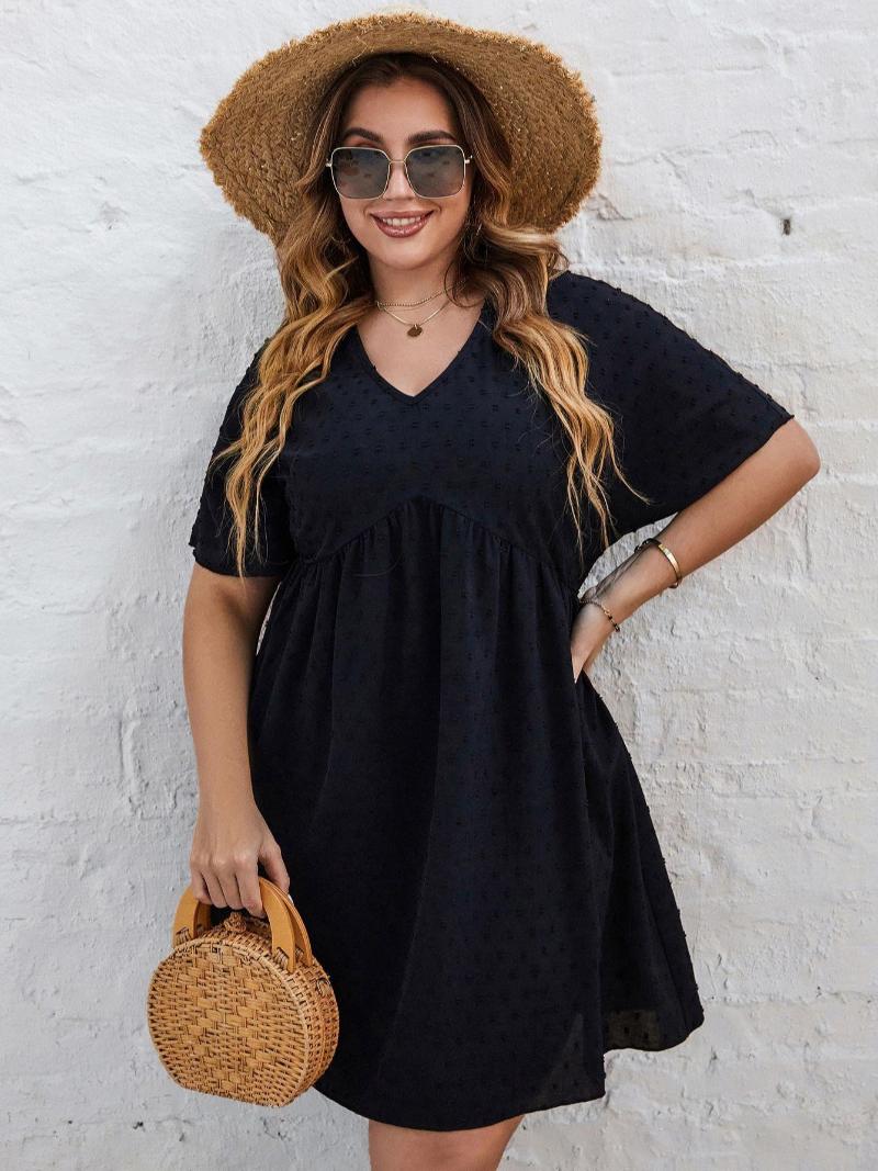 

Plus Size Dresses Black Dress For Women Short Sleeve 2023 Autumn Clothing V Neck A Line Elegant Cotton Casual Loose Midi Tunic