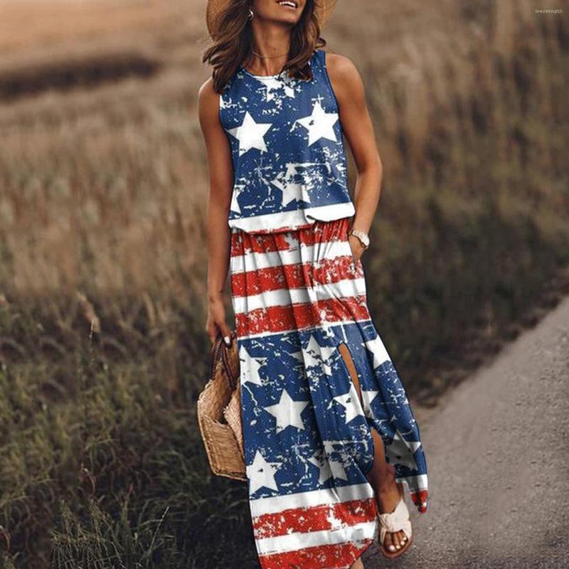 

Casual Dresses Women Ladies Sexy Printing Fashion Round Neck Loose Split Sleeveless Maxi Dress Fashionable Women' Summer, Blue