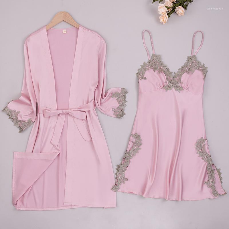 

Women's Sleepwear Sweet Lace Robe Gown Sets Sexy V-Neck Backless Camisole Nightgown Intimate Nightwear Satin Casual Homewear, Pink