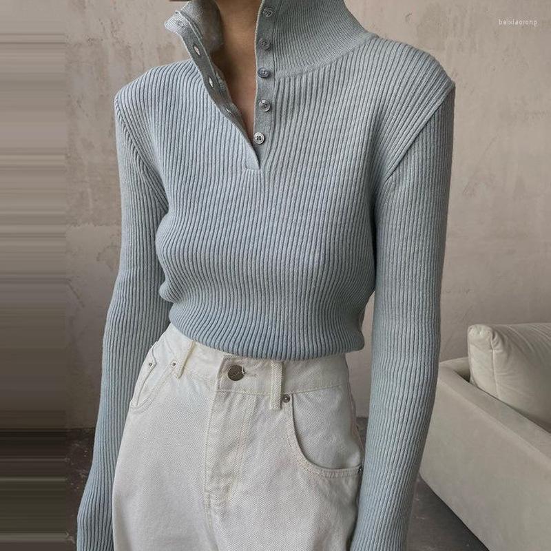 

Women' Sweaters Fashion Turtleneck Knitted Sweater Women Spring Buttons Half High Collar Slim Solid Bottoming Shirt OL Pullovers Femme Tops, Gray