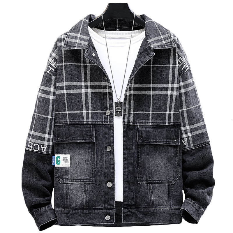 

Men's Jackets Cotton Denim Jacket Mens Casual Plaid Jeans Spring Autumn Streetwear Hip Hop Turn Down Collar Denim Coat Classic Top Clothes 230509, Black