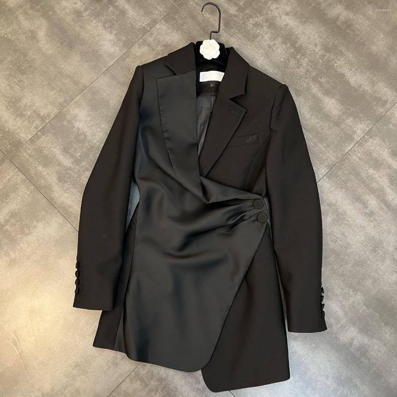 

Women' Suits SuperAen 2023 Spring Tudn Down Collar Long Sleeve Spliced Irregular Two Button Waist Wrapped Women' Blazer Coat, Black