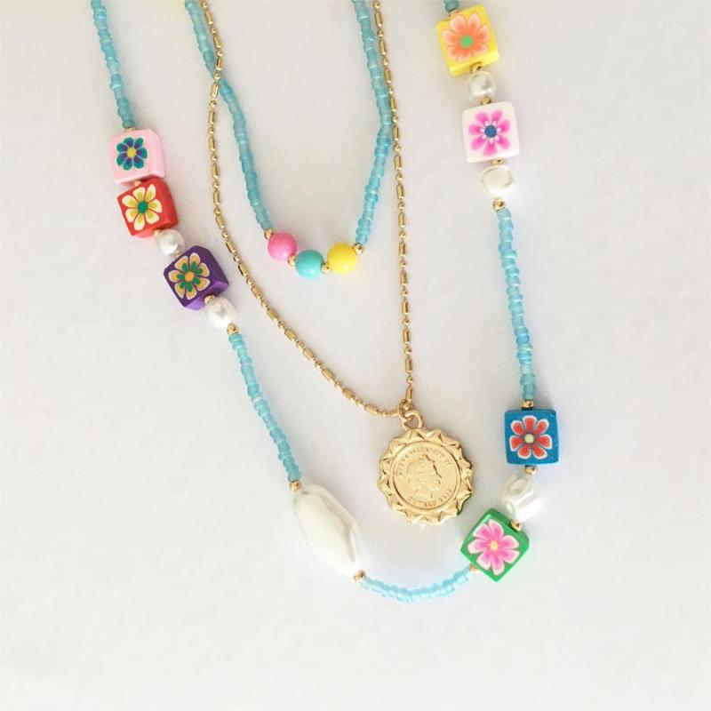

Pendant Necklaces Lovely Pretty Gold Color Engraved Coin Sqaure Polymer Clay Irregular Pearl Layered Colorful Necklace For Women Girl