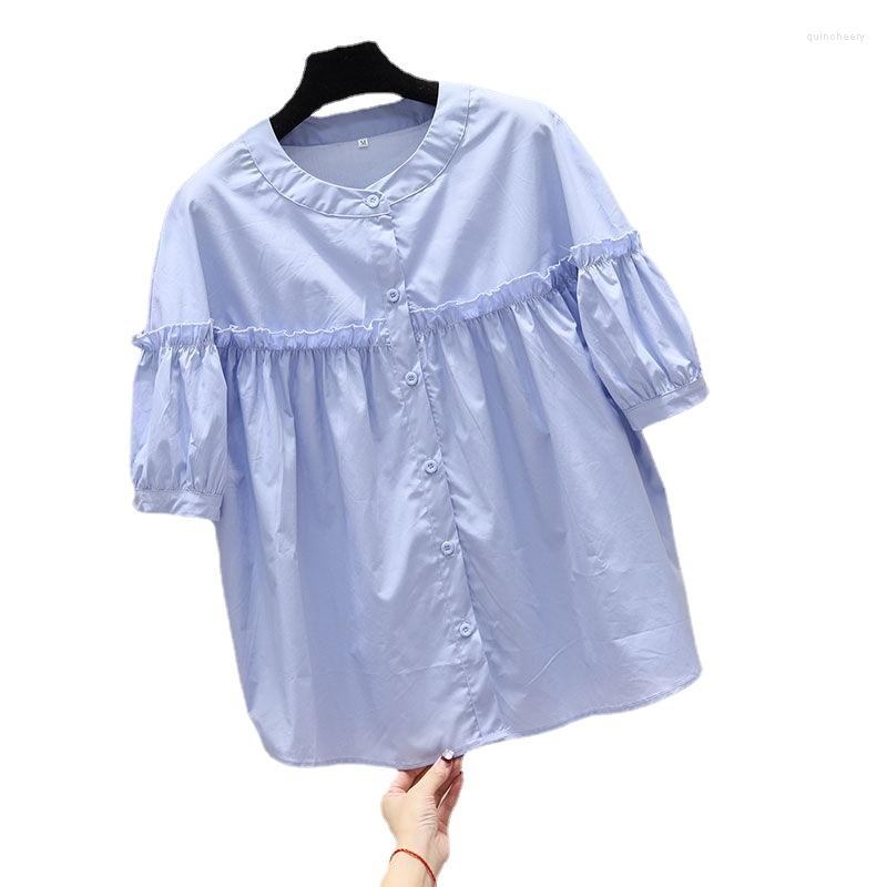 

Women' Blouses Cotton Solid Ruffles Women Shirts Summer 2023 O-Neck Half Sleeved Loose Elegant Female Outwear Coats Tops, Pink