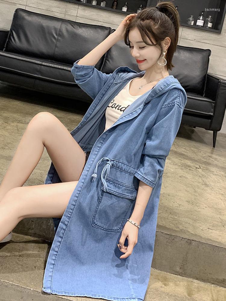 

Women's Trench Coats Vintage Women 2023 Spring Autumn Drawstring Mid-Length Hooded Windbreaker Jacket Female Loose Western Style Denim, Picture color