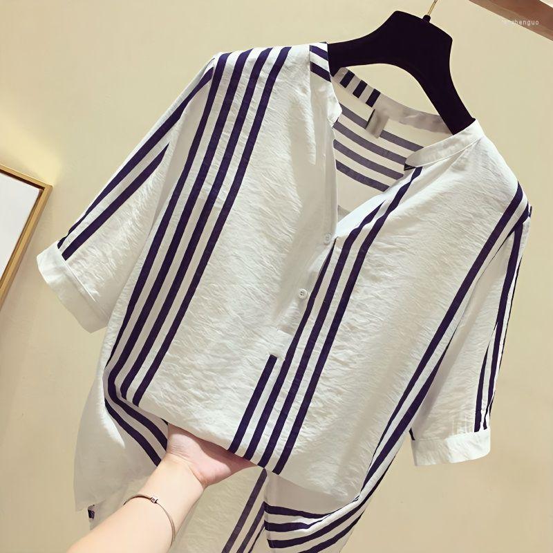 

Women's Blouses Fashion Printed V-Neck Button Short Sleeve Striped Blouse Women's Clothing 2023 Summer Casual Pullovers All-match Shirt, Red