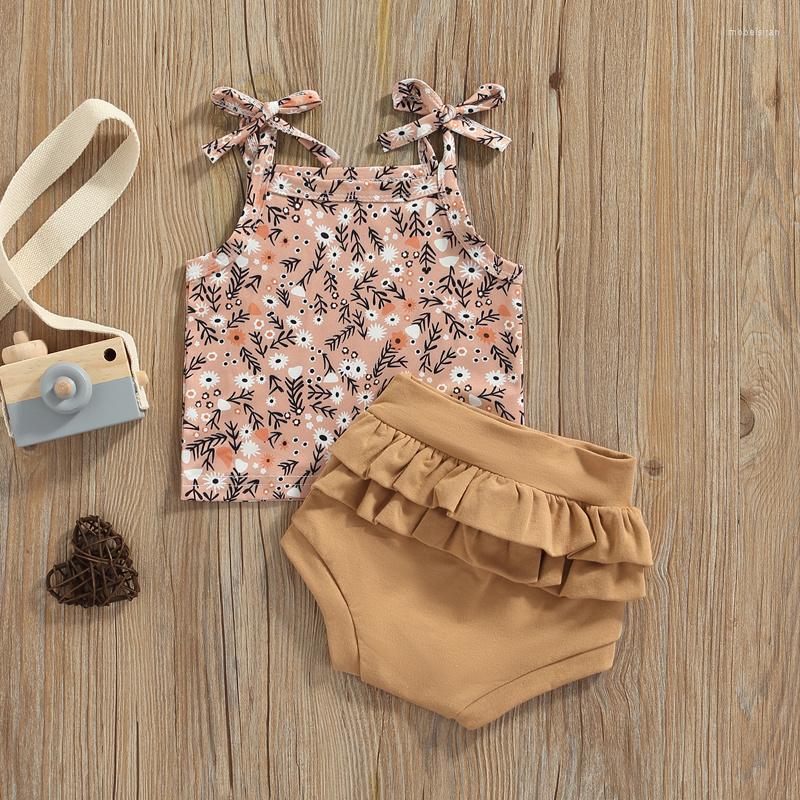 

Clothing Sets Baby Girls Two-Piece Suit Floral Print Sleeveless Tie-Up Shoulder Strap Sling Tops Solid Color Shorts Summer Outfits For 0-24M, Auburn