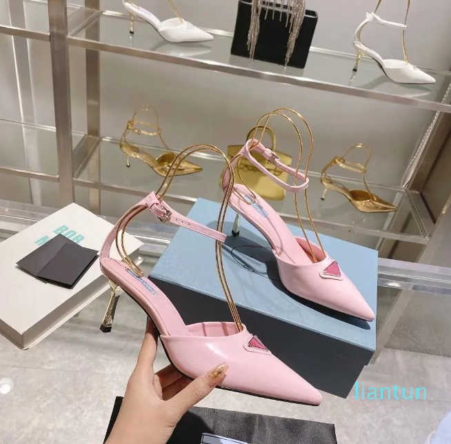

Cat Heel Sandals Fashion Designer Shoes Women 6.5CM Stiletto Heeled Genuine Leather Pointed Toe Wrap Dress Shoe Ankle Strap Buckle Gold Silver High Quality Sandal, Black