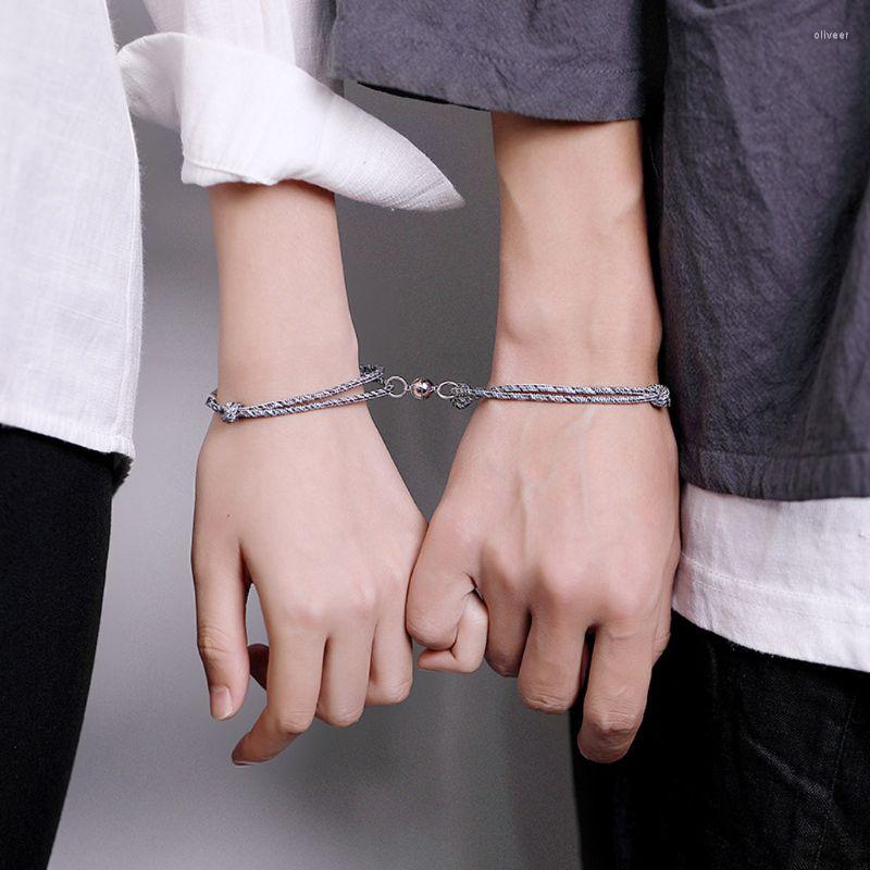 

Charm Bracelets 2Pcs Minimalist Lovers Matching Friendship Bracelet Rope Braided Couple Distance Magnetic Lover Jewelry