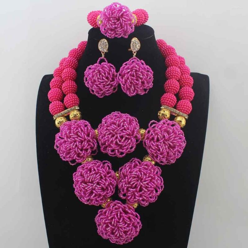 

Necklace Earrings Set African Chunky Bib Fuschia Pink Crystal Sets Nigerian Wedding Bridal/Women Beads Jewelry W14041, Picture shown