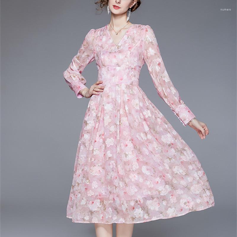 

Casual Dresses Lantern Long Sleeve Floral Chiffon Dress Spring And Autumn High Waist V-Neck Elegant Print Hollow Out Party Maxi Vestidos, Pink
