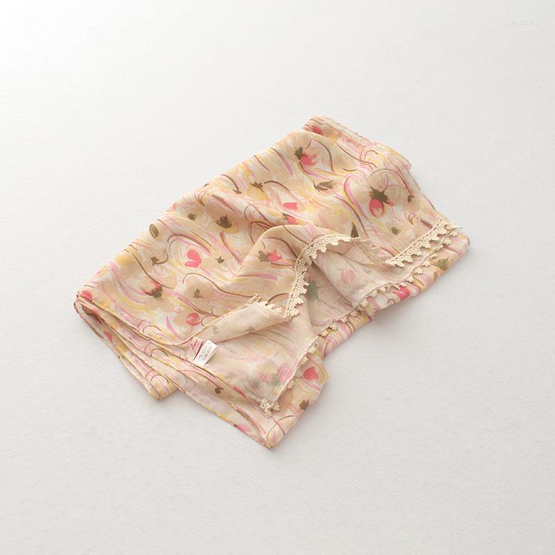 

Scarves Cotton Linen Scarf For Women Floral Flower Print Lace Shawl Female Fashion Neckchief Bufandas