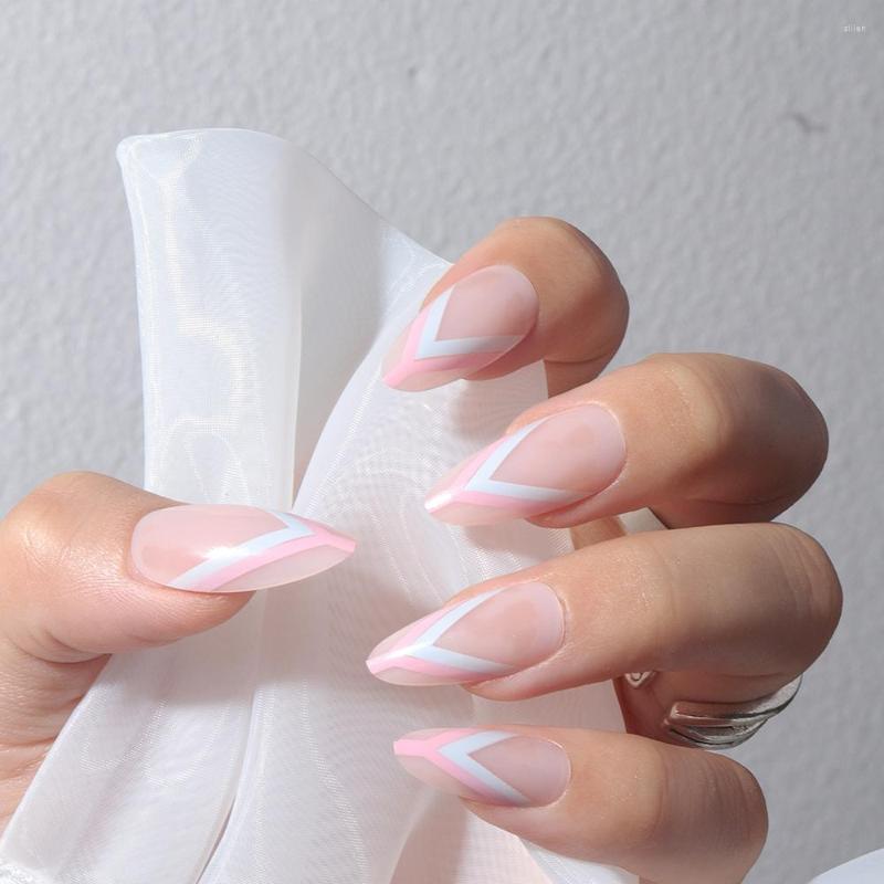 

False Nails Nail Art Decorations 24pcs Glossy Fake DIY French Style With Blue Pink Line Pattern For Women And Girl Party Activity, Jelly glue model