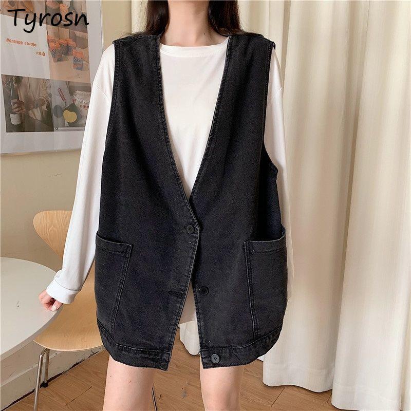 

Leather Denim Vests Women Vintage Streetwear Pockets Vneck Loose Coats Retro Buttonup Waistcoats BF Fashion Sleeveless Outwear Student, Blue