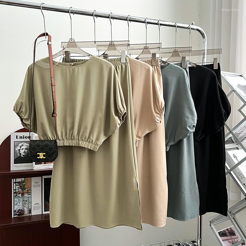 

Work Dresses Fashionable Round Neck Puff Sleeve Short Shirt Top Elastic Waist Slit Mid-length Skirt Two-piece Women' 2023 Summer, Black