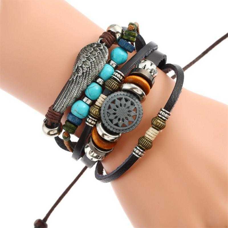 

Multi Layer Beaded Cattle Leather Strands Bracelet Woven Alloy Feather