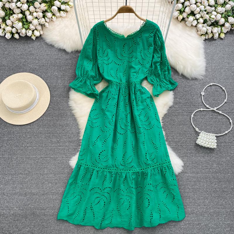 

Party Dresses Summer Vingate Hollow Out A-line Dress For Women 2023 Solid Color Round Neck Puff Sleeve Vacation Long Beach DF522, White