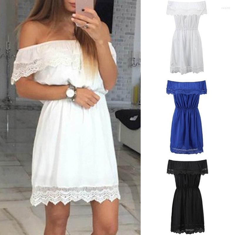 

Party Dresses Sexy Off Shoulder Lace Scallop Edge Dress Boat Neck Sukienka Elegant Black Strapless Frill Elastic Waist Mini Women, Black dress