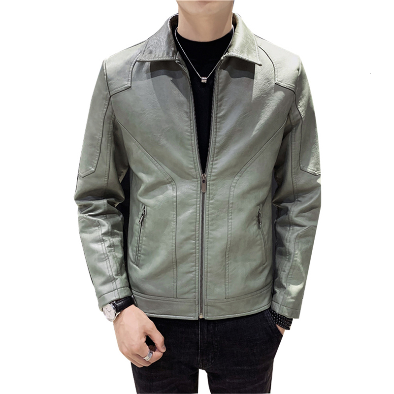 

Men's Jackets Korean Lapel Leather Jacket Men Spring Autumn Winter Slim Handsome Long Sleeve Zipper Gray Green Leather Jacket Bomber 230509, Black thin