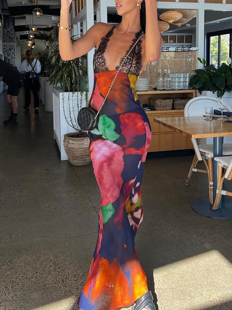 

Casual Dresses Ladies Sexy Club Wear Y2K Clothes Tie Dye Print Sleeveless Backless V-Neck Bodycon Vacation Maxi Dress For Women Birthday, Multi