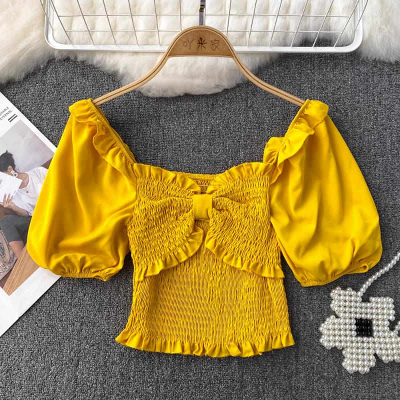 

Women's Blouses Square Collar Crop Top Female Short Summer Women's Blouse Fashion Pullover Womens Tops And With Folds Drop, White