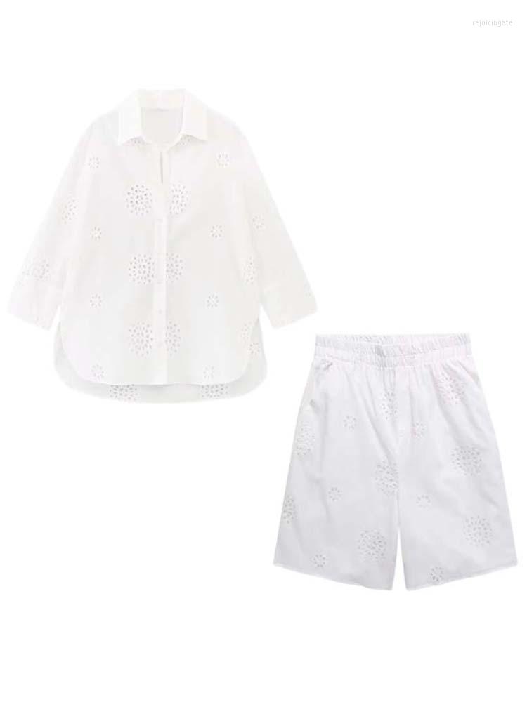 

Women's Tracksuits Woman 2 Pieces Sets 2023 Fashion Hollowed Out Embroidery Shirts Tops Women Suit Casual Shorts Summer Set Womens