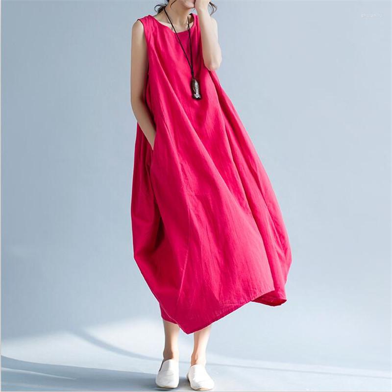 

Casual Dresses 2023 Women Summer Dress Sexy Sleeveless O Neck Long Maxi Cotton Linen Loose Vestidos -, Red