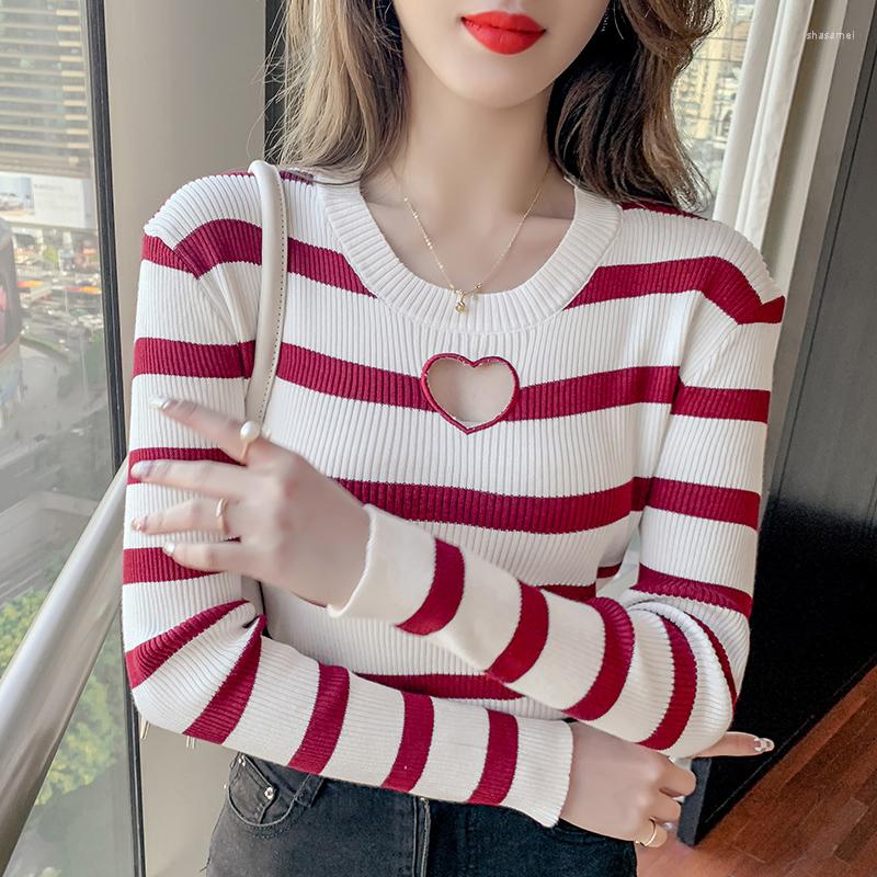 

Women's Sweaters Heart Hollow Out Knitted Top Women's Chic Design Striped Long Sleeve Bottoming T-shirt 2023 Spring Autumn Thin Pullover, Black