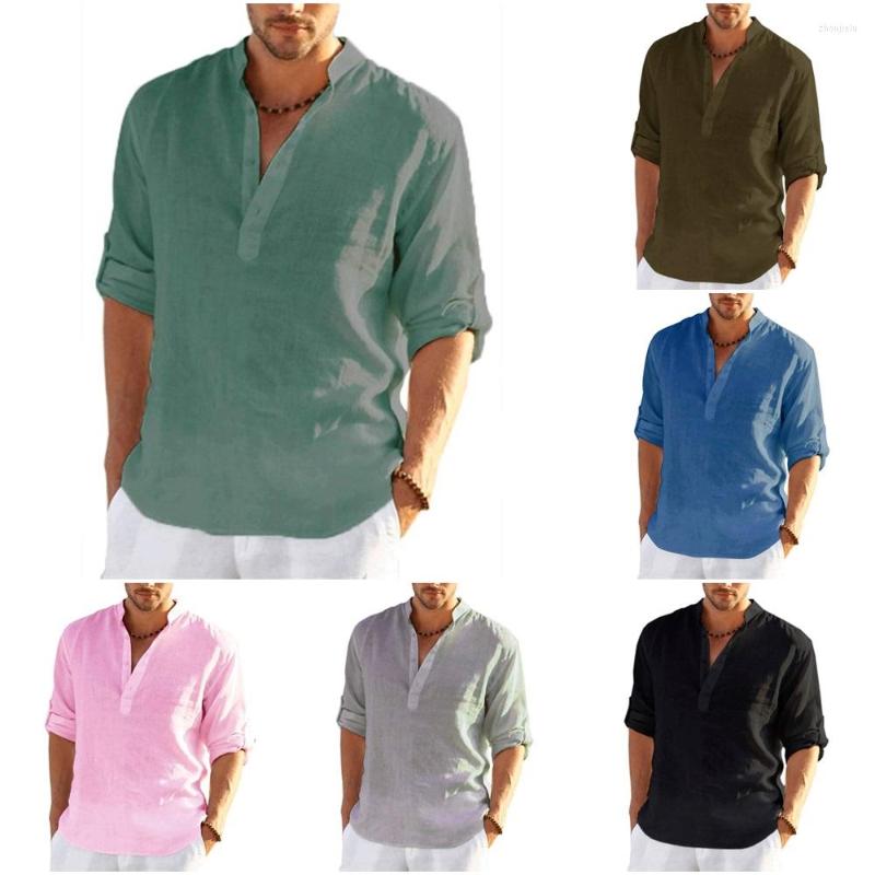 

Men's Casual Shirts Trendy Cotton Linen Long Sleeve Shirt Handsome Mens Breathable Linho Blouse Tops Male Half Open Stand Collar Loose, Army green