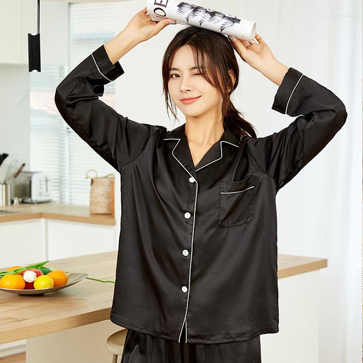 

Women's Sleepwear Ladies 2PCS Full Sleeve Satin Sleep Suit Spring Autumn White Home Wear Lounge Turn-down Collar Shirt&Pant Pajamas, Black