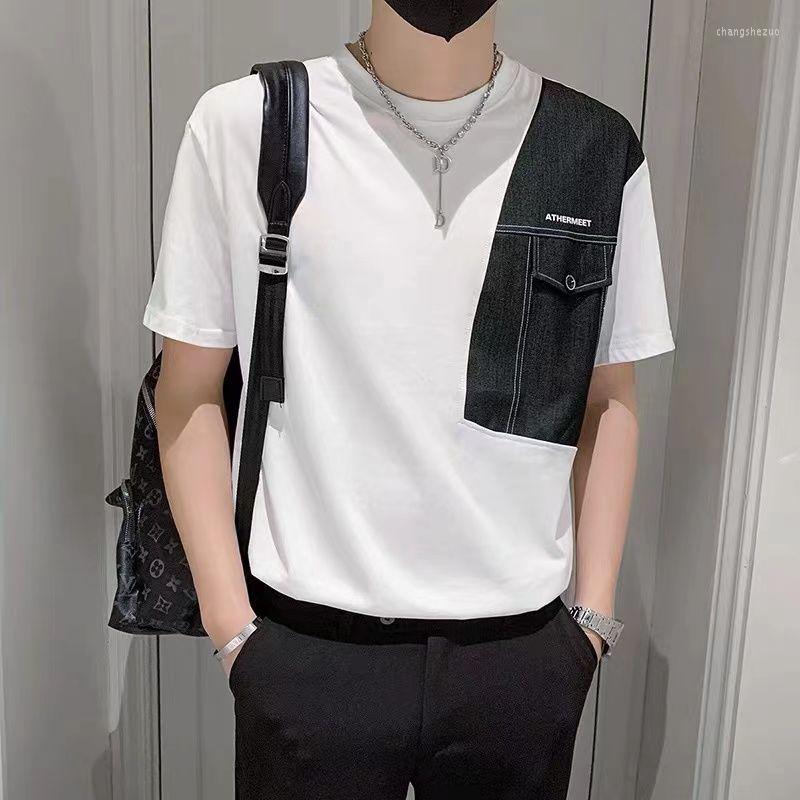 

Men's T Shirts Fashion O-Neck Spliced All-match Asymmetrical T-Shirt Men's Clothing 2023 Spring Casual Pullovers Loose Korean Tee Shirt, Black