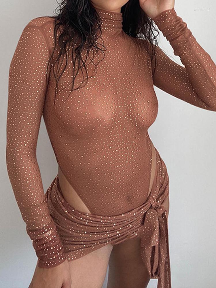 

Work Dresses OMSJ High Neck Long Sleeve Bodysuit Tops Lacing Mini Skirts Dot Print Mesh See-Through Sexy Suits Nightclub Bar Women, Khaki