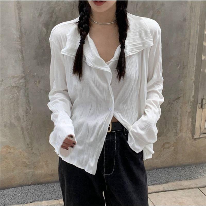 

Shirts HOUZHOU White Blouses Women Elegant Shirt Female Aesthetic Y2k Harajuku Pleated Chic Long Sleeve Top Ladies Loose Korean Vintage, Auburn